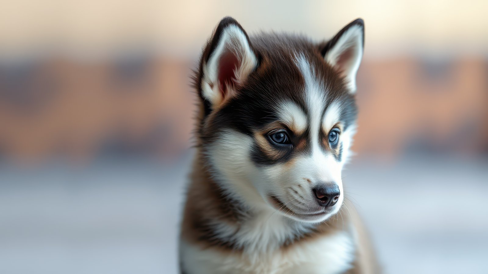 Cute brown and white husky puppy looking inquisitively in a softly lit indoor setting